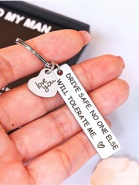 Silver 'Drive Safe' Engraved Keychain with Heart Charm. A2
